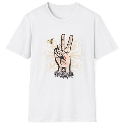 Tattoo-style Peace, Love & Kimchi fermentation T-Shirt in white featuring a hand peace sign, a dove, golden rays, and a jar of kimchi atop roses – perfect for fermentation lovers and kimchi enthusiasts.