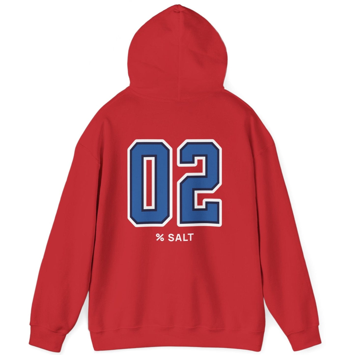 red hoodie with big bold varsity style numbers representing the 2% salt ratio for vegetable ferments like sauerkraut