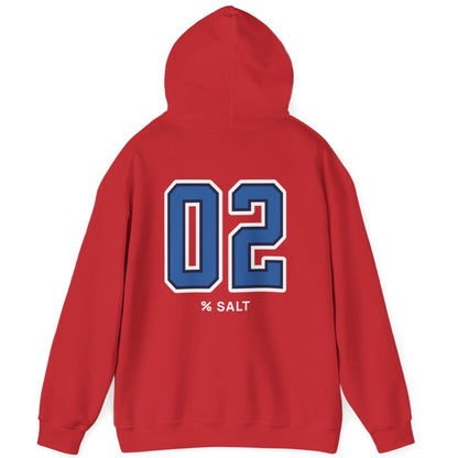 red hoodie with big bold varsity style numbers representing the 2% salt ratio for vegetable ferments like sauerkraut