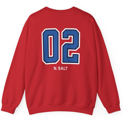 red sweatshirt with big bold varsity style numbers representing the 2% salt ratio for vegetable ferments like sauerkraut