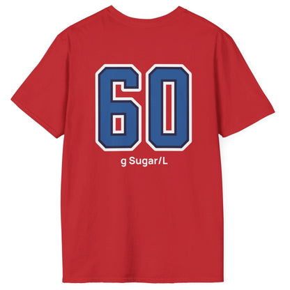 red cotton varsity style t-shirt for kombucha brewers with big bold back print stating 60g Sugar/L