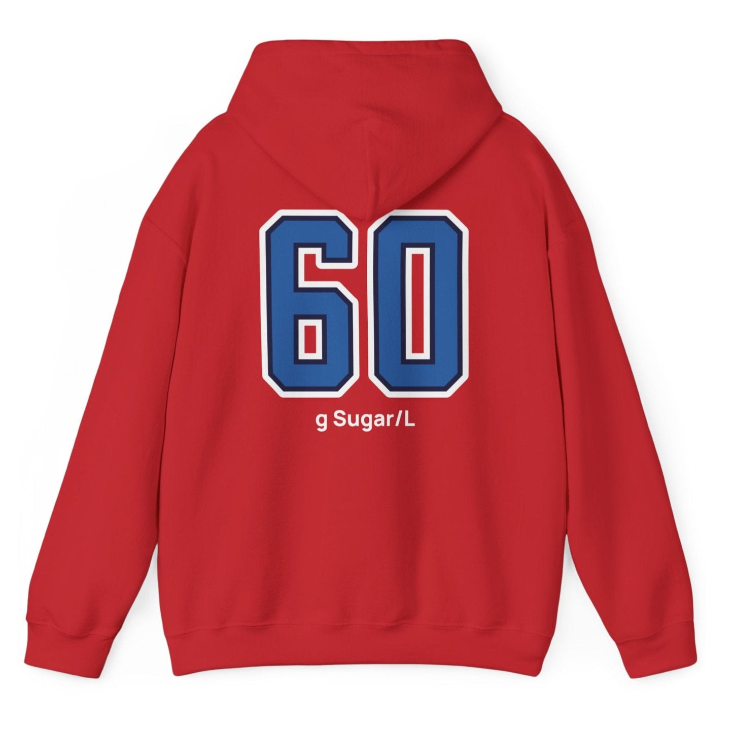red varsity style hoodie for kombucha brewers with big bold back print stating 60g Sugar/L