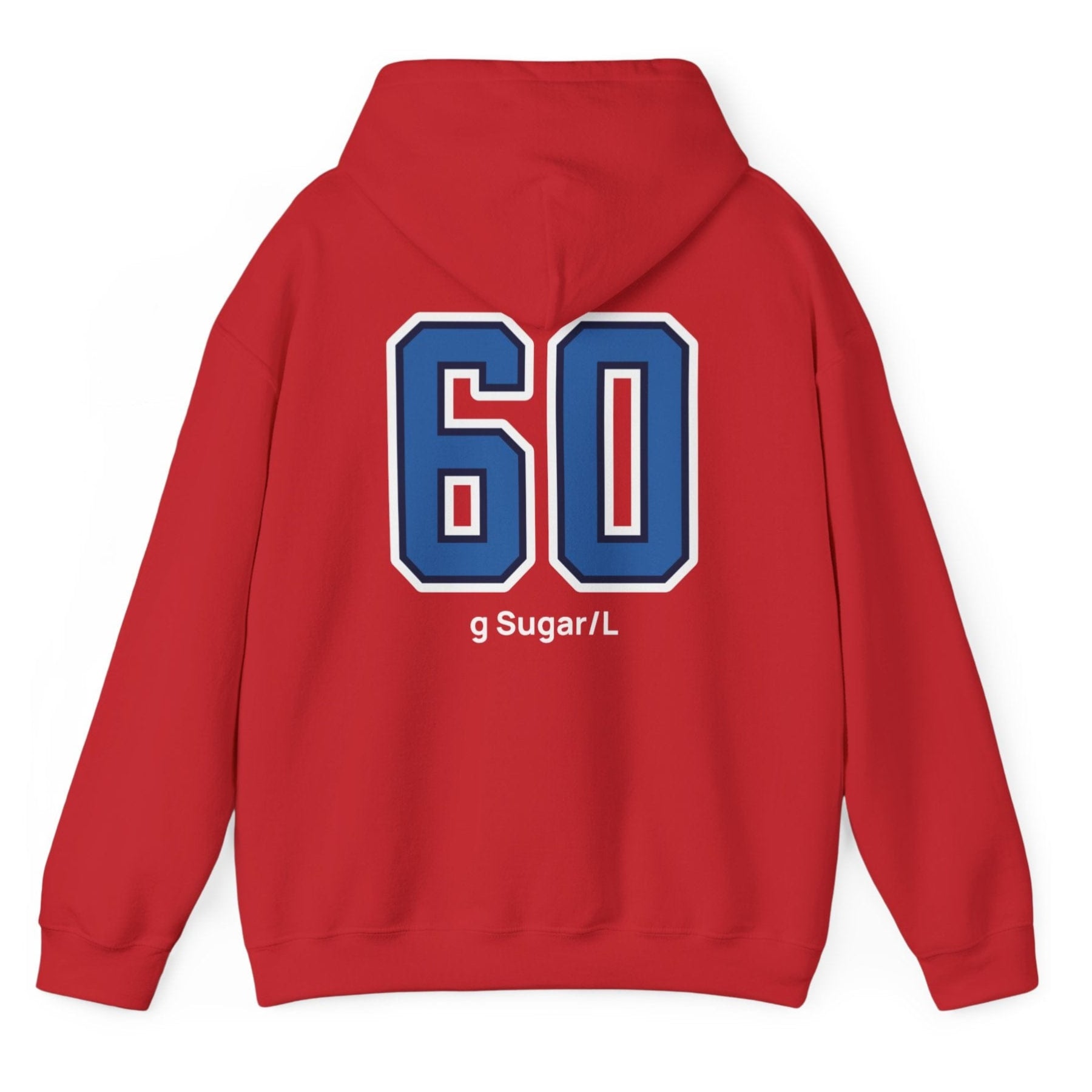 red varsity style hoodie for kombucha brewers with big bold back print stating 60g Sugar/L
