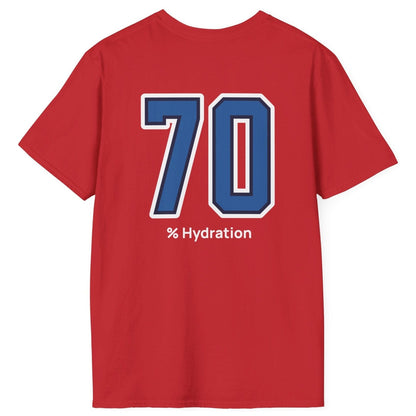 Sourdough baker’s % Hydration Tee, minimalist red cotton T-Shirt with varsity number back print