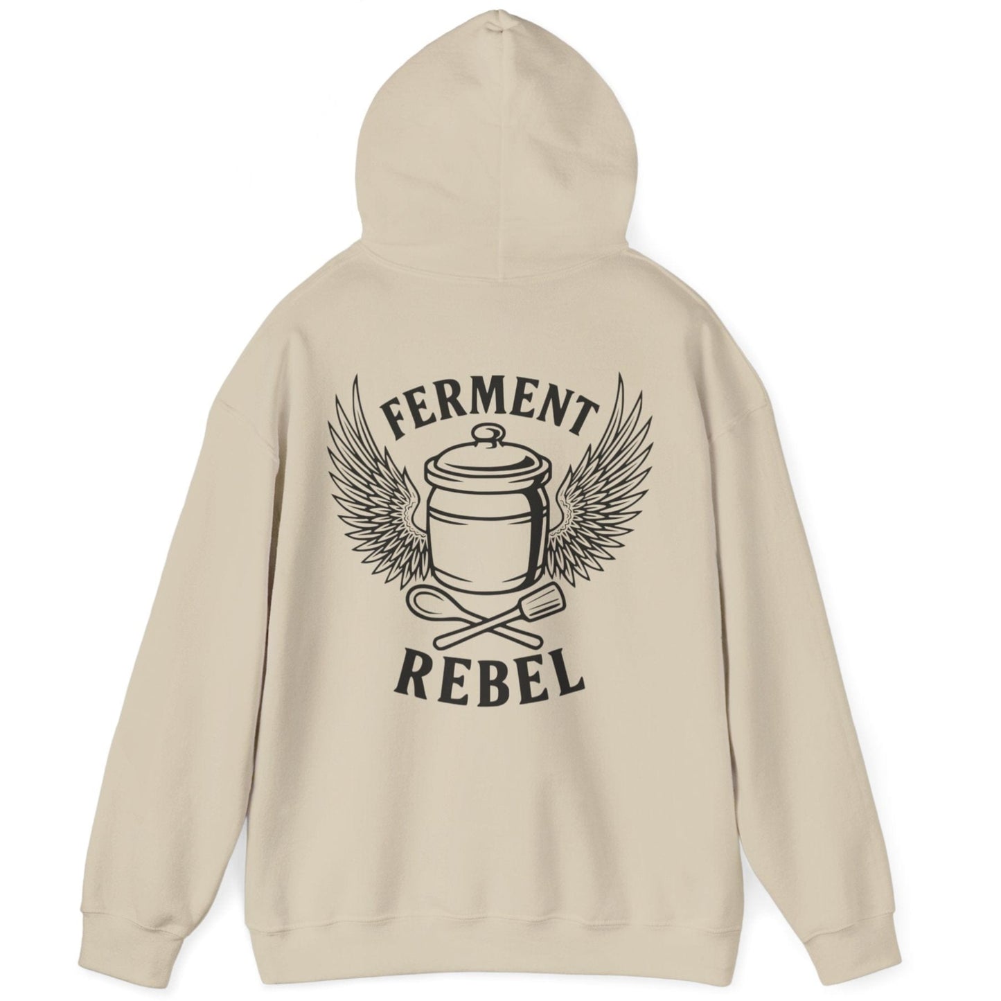 Sand Ferment Rebel back print hoodie for fans of fermentation, featuring a ceramic crock with dramatic wings and crossed wooden spoon and tamper - tools of the trade. Design inspired by vintage Harley Davidson jackets.