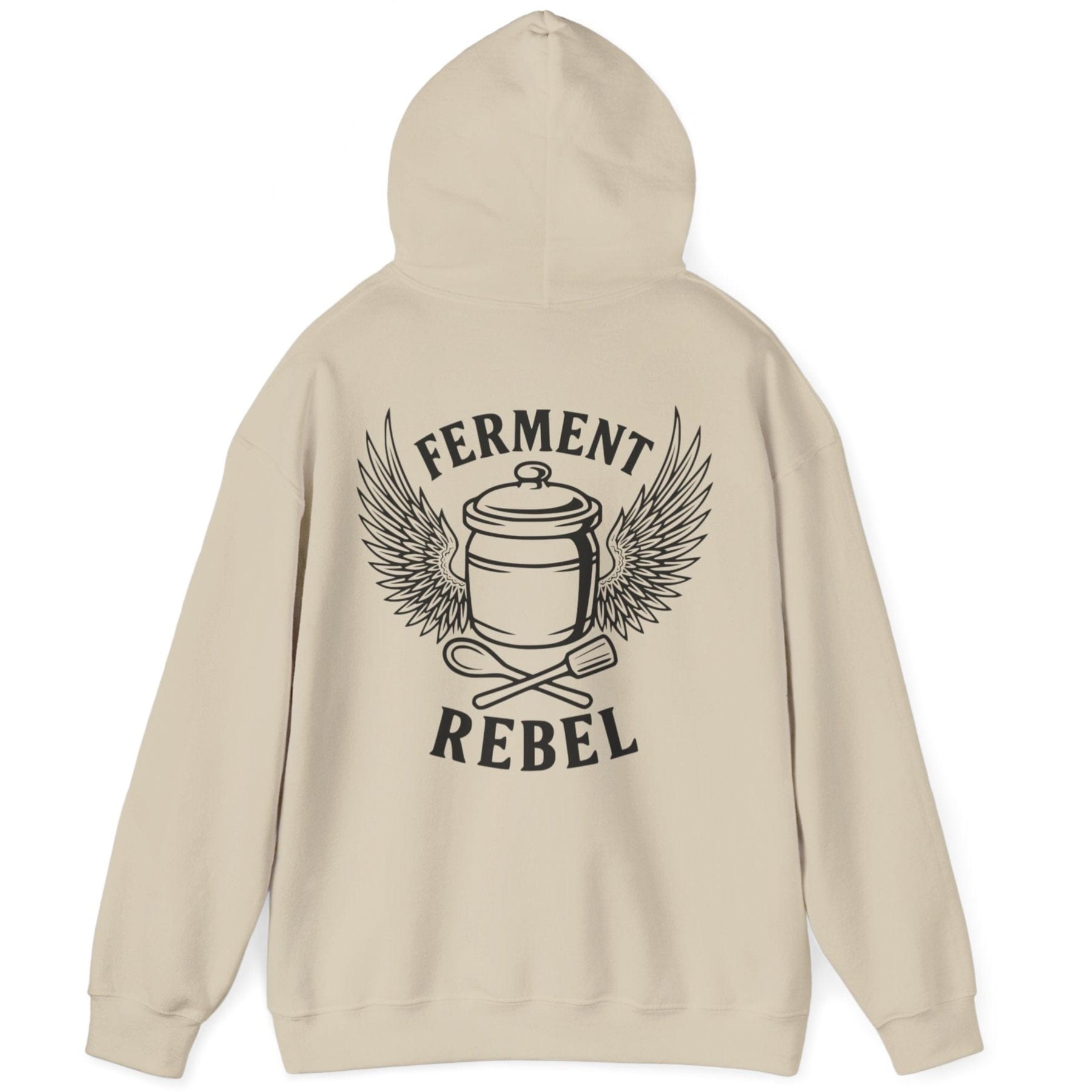 Sand Ferment Rebel back print hoodie for fans of fermentation, featuring a ceramic crock with dramatic wings and crossed wooden spoon and tamper - tools of the trade. Design inspired by vintage Harley Davidson jackets.