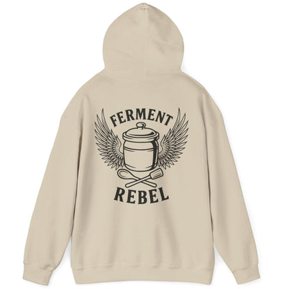 Sand Ferment Rebel back print hoodie for fans of fermentation, featuring a ceramic crock with dramatic wings and crossed wooden spoon and tamper - tools of the trade. Design inspired by vintage Harley Davidson jackets.