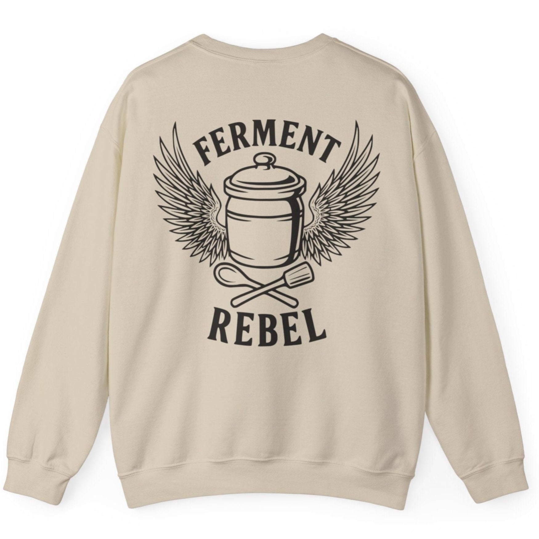 Sand Ferment Rebel back print sweatshirt for fans of fermentation, featuring a ceramic crock with dramatic wings and crossed wooden spoon and tamper - tools of the trade. Design inspired by vintage Harley Davidson jackets.