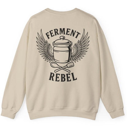 Sand Ferment Rebel back print sweatshirt for fans of fermentation, featuring a ceramic crock with dramatic wings and crossed wooden spoon and tamper - tools of the trade. Design inspired by vintage Harley Davidson jackets.