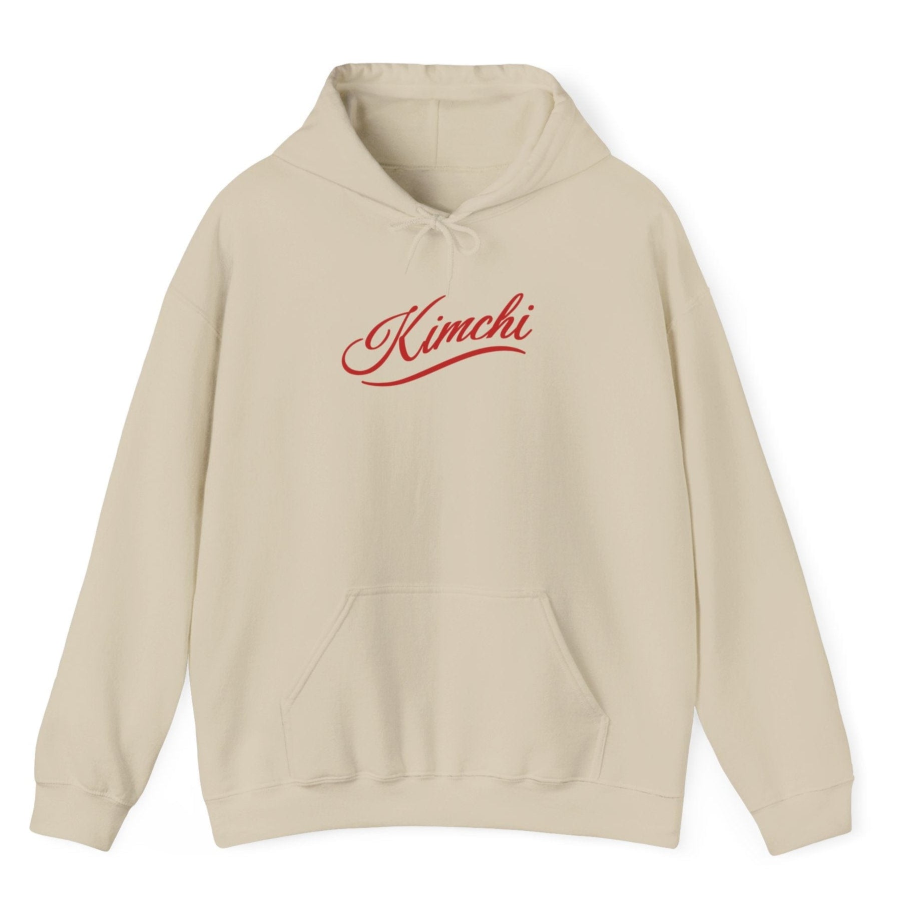 Sand coloured hoodie with the word KIMCHI in in a simple but elegant script with a subtle flourish. Great gift for fermenters and kimchi lovers.