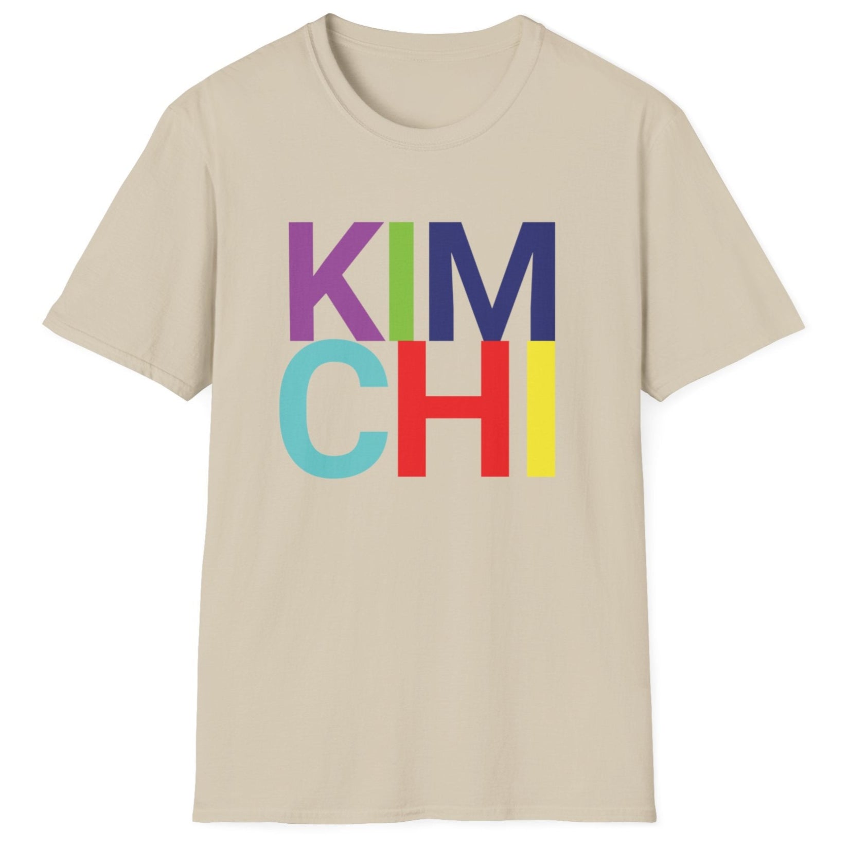 Sand cotton t-shirt with 'KIM CHI' in bold colourful typography. Great gift for kimchi lovers and fermenters.