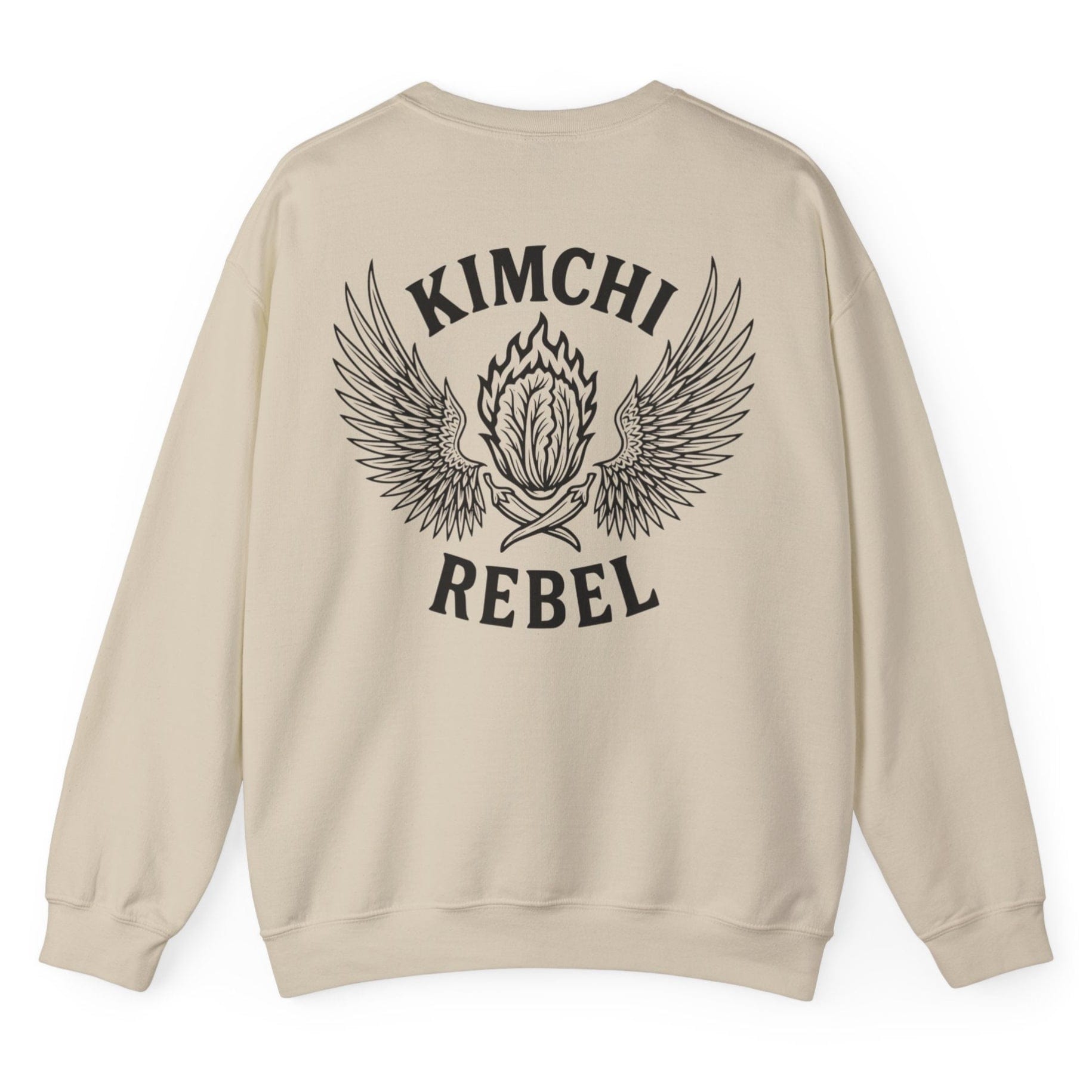 Sand Kimchi Rebel back print sweatshirt for fans of fermentation and kimchi lovers, featuring a nappa cabbage in spicy flames, wings and crossed chillies. Design inspired by vintage Harley Davidson jackets.