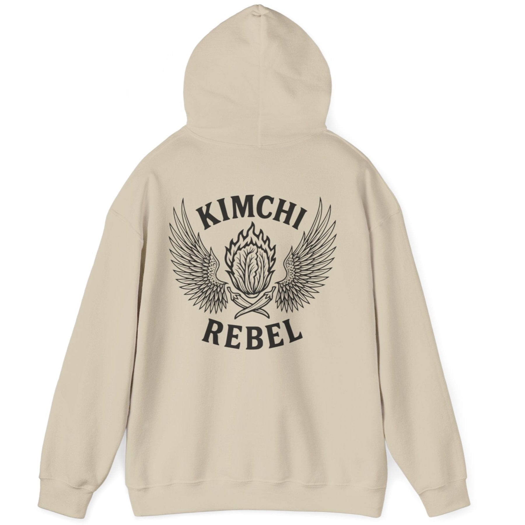 Sand coloured Kimchi Rebel back print hoodie for fans of fermentation, featuring a nappa cabbage in spicy flames, wings and crossed chillies. Design inspired by vintage Harley Davidson jackets.