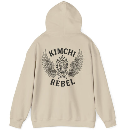 Sand coloured Kimchi Rebel back print hoodie for fans of fermentation, featuring a nappa cabbage in spicy flames, wings and crossed chillies. Design inspired by vintage Harley Davidson jackets.