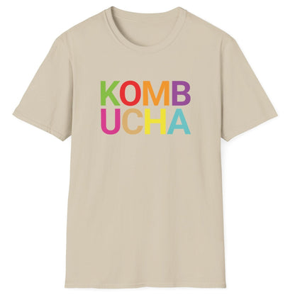 Sand cotton t-shirt with 'KOMB UCHA' in bold colourful typography. Modern and playful. Great gift for fermenters and kombucha lovers.