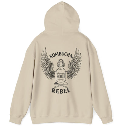 Sand Kombucha Rebel back print hoodie for fans of fermentation, featuring a bottle of booch with dramatic wings and crossed spoons - one with tea leaves and one with sugar. Design inspired by vintage Harley Davidson jackets.