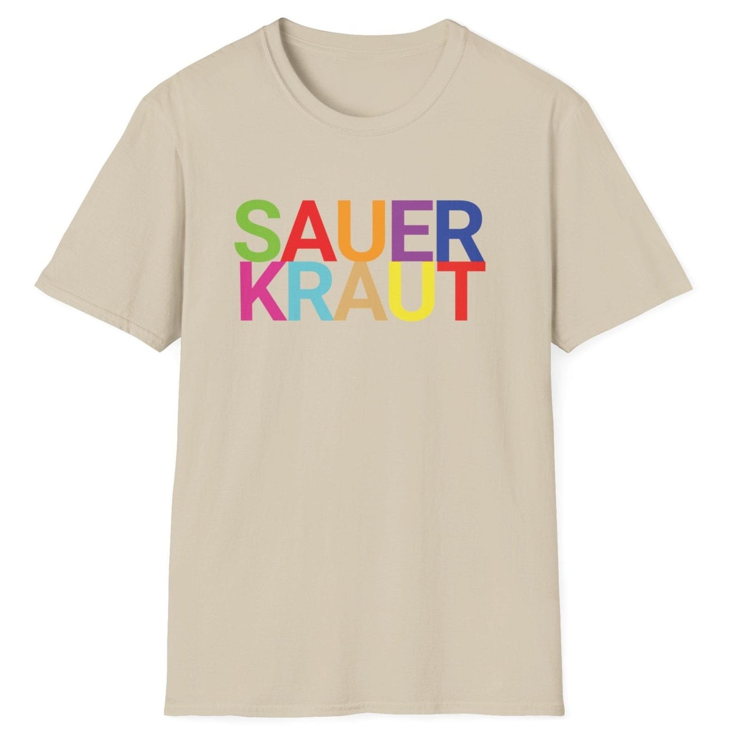 Sand cotton t-shirt with the word 'SAUERKRAUT' in big, bold, colourful typography. Perfect gift for fermenters and sauerkraut fans.