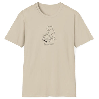 Illustrated cat kneading dough in a banneton, surrounded by floury paw prints — Sourdough Biscuits t-shirt in sand for cat and bread lovers