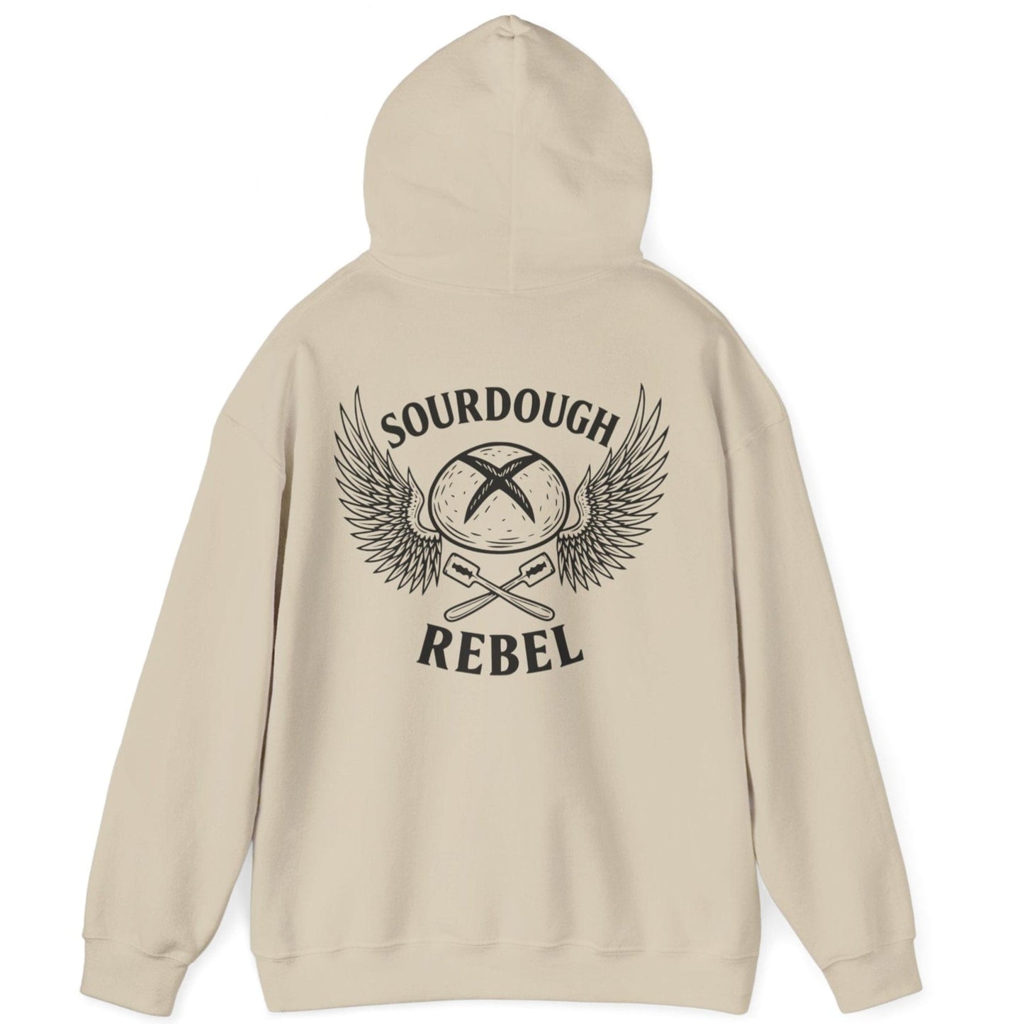 Sand Sourdough Rebel back print hoodie for fans of fermentation, featuring a sourdough boule with dramatic wings and crossed lames. Design inspired by vintage Harley Davidson jackets.
