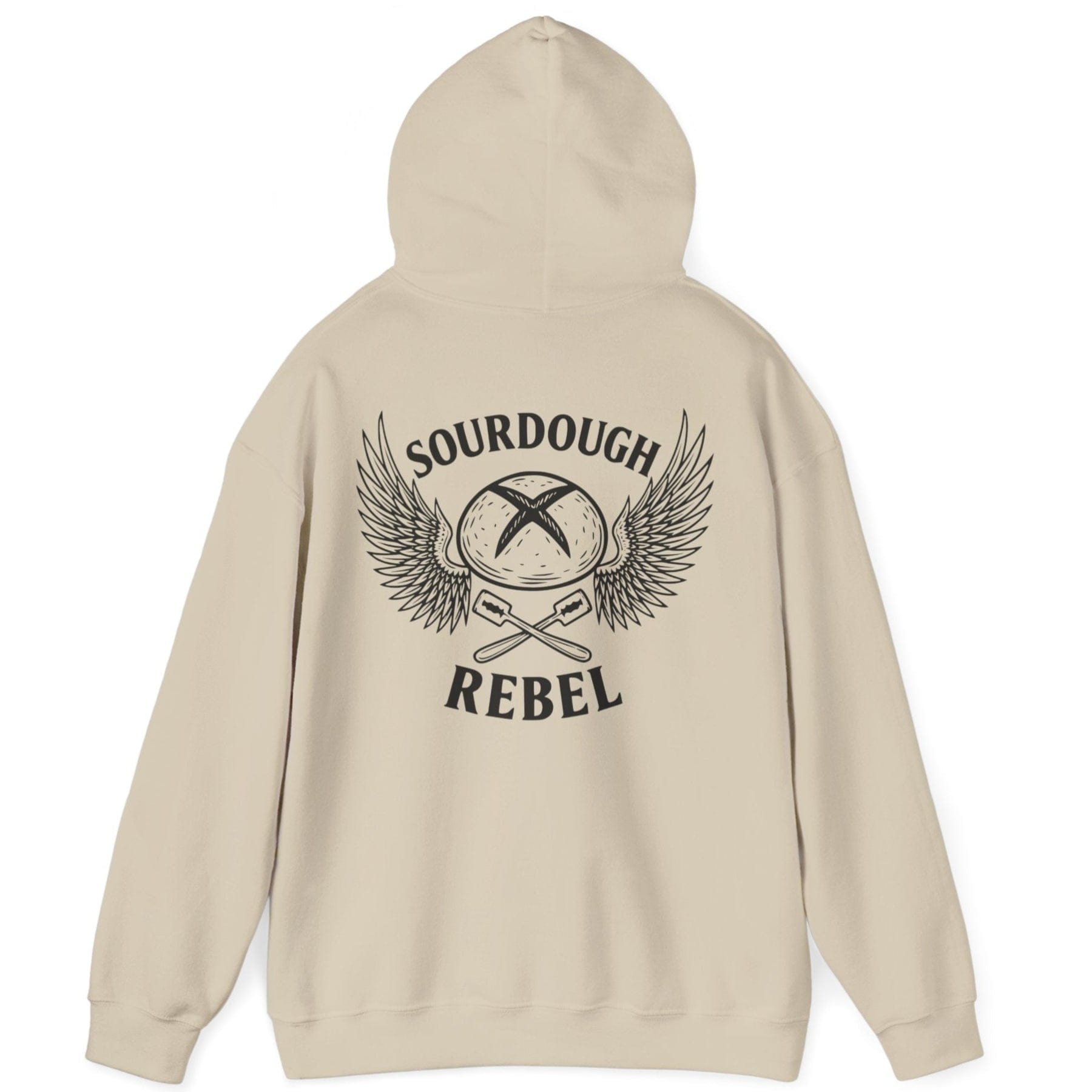 Sand Sourdough Rebel back print hoodie for fans of fermentation, featuring a sourdough boule with dramatic wings and crossed lames. Design inspired by vintage Harley Davidson jackets.