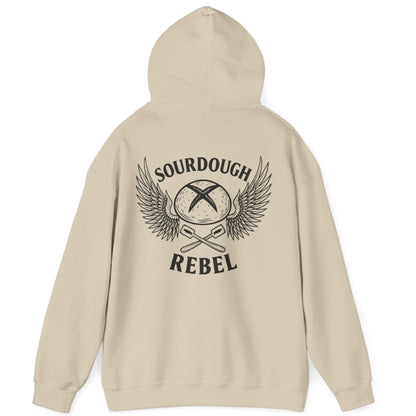 Sand Sourdough Rebel back print hoodie for fans of fermentation, featuring a sourdough boule with dramatic wings and crossed lames. Design inspired by vintage Harley Davidson jackets.