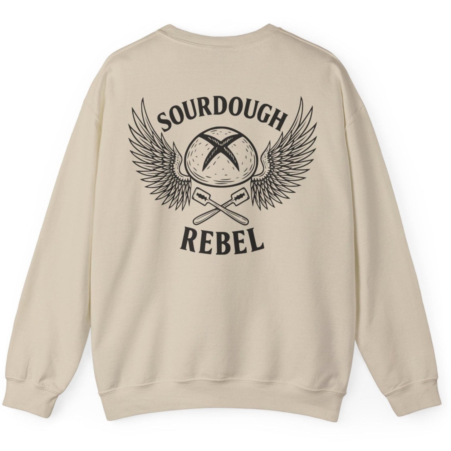 Sand coloured Sourdough Rebel back print sweatshirt for fans of fermentation, featuring a sourdough boule with dramatic wings and crossed lames. Design inspired by vintage Harley Davidson jackets.