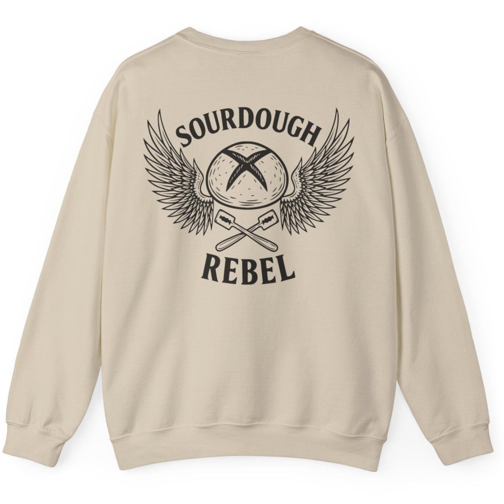 Sand coloured Sourdough Rebel back print sweatshirt for fans of fermentation, featuring a sourdough boule with dramatic wings and crossed lames. Design inspired by vintage Harley Davidson jackets.