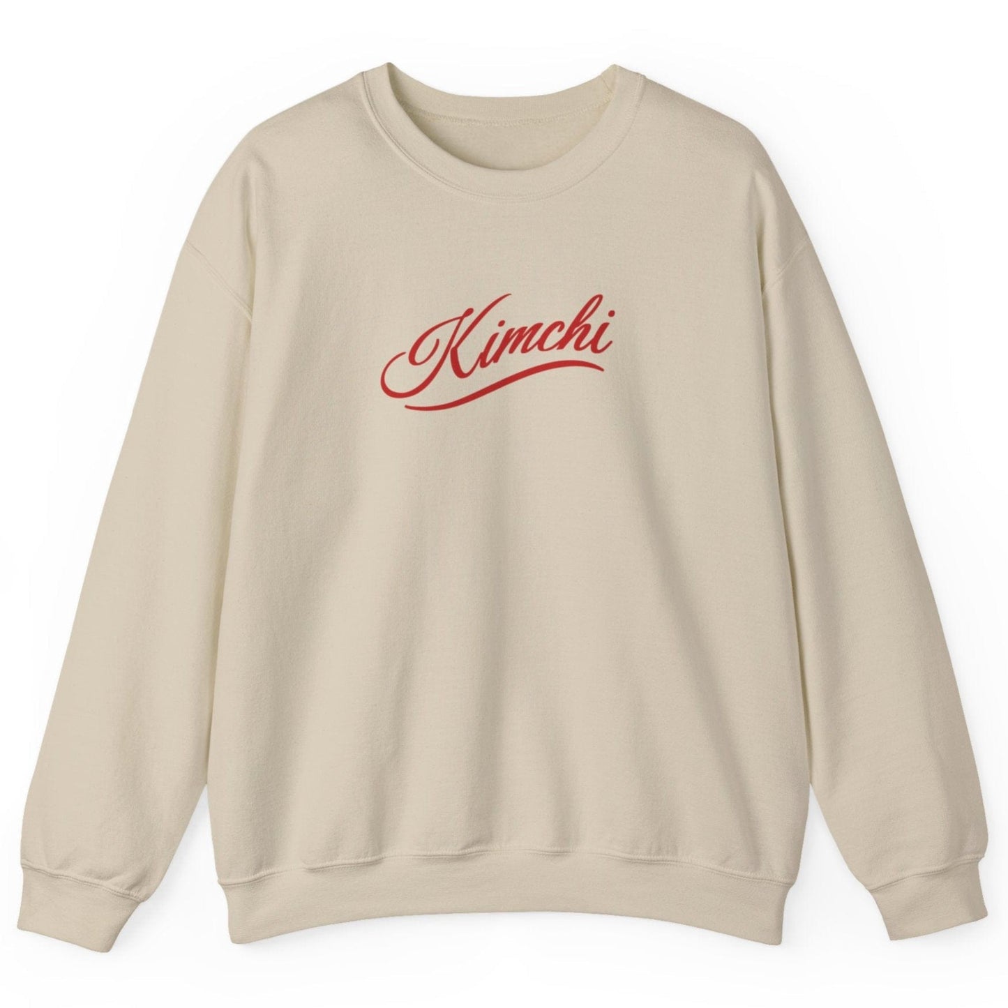 White sweatshirt with the word KIMCHI in in a simple but elegant script with a subtle flourish. Great gift for fermenters and kimchi lovers.