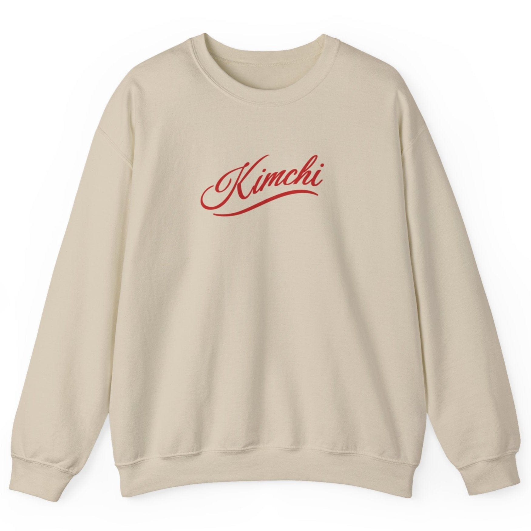 White sweatshirt with the word KIMCHI in in a simple but elegant script with a subtle flourish. Great gift for fermenters and kimchi lovers.