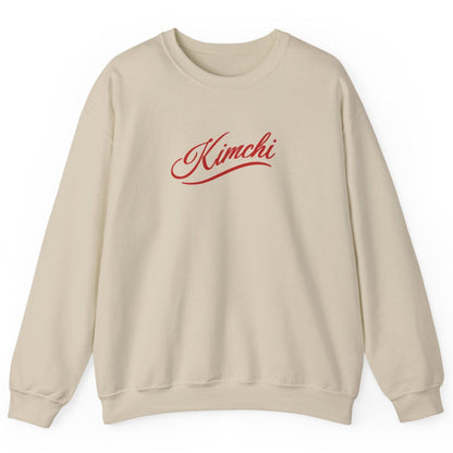 White sweatshirt with the word KIMCHI in in a simple but elegant script with a subtle flourish. Great gift for fermenters and kimchi lovers.
