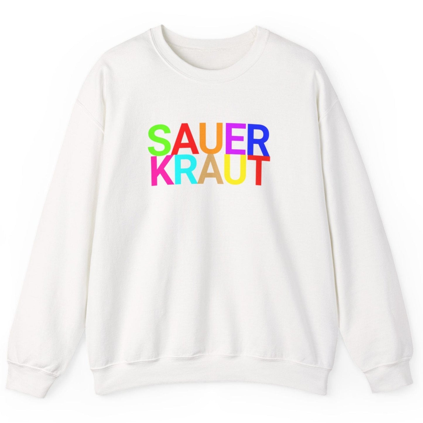 White sweatshirt with the word 'SAUERKRAUT' in bold colourful typography. Great gift for fermenters and sauerkraut fans.