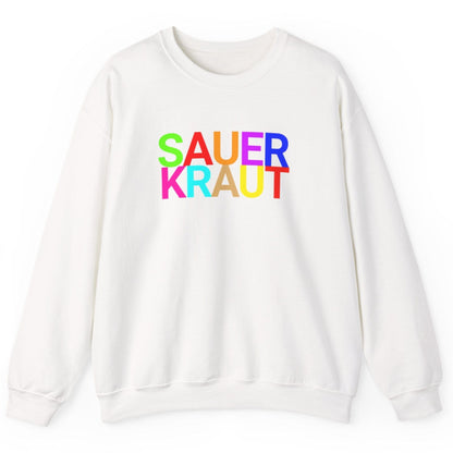White sweatshirt with the word 'SAUERKRAUT' in bold colourful typography. Great gift for fermenters and sauerkraut fans.