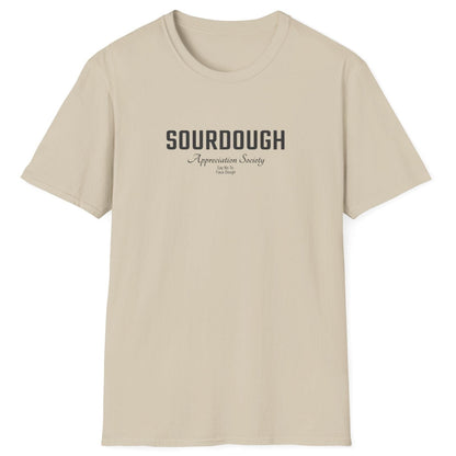 Sourdough Appreciation Society neutral T-shirt with bold and script typography and the phrase ‘Say No to Faux Dough’ – for artisan bread lovers and sourdough purists