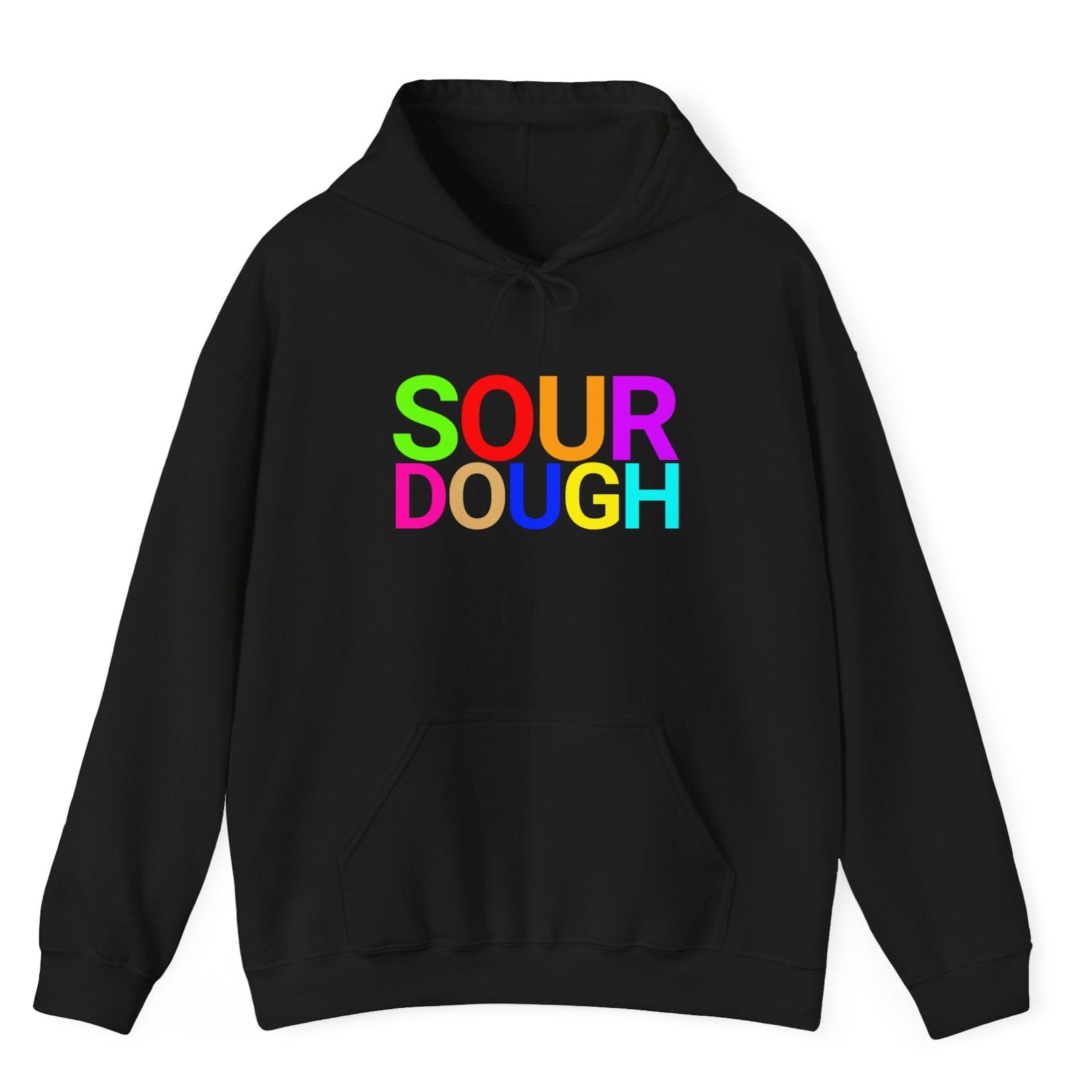 Black hoodie with the word 'SOURDOUGH'' in bold colourful typography. Great gift for fermenters and sourdough bakers.