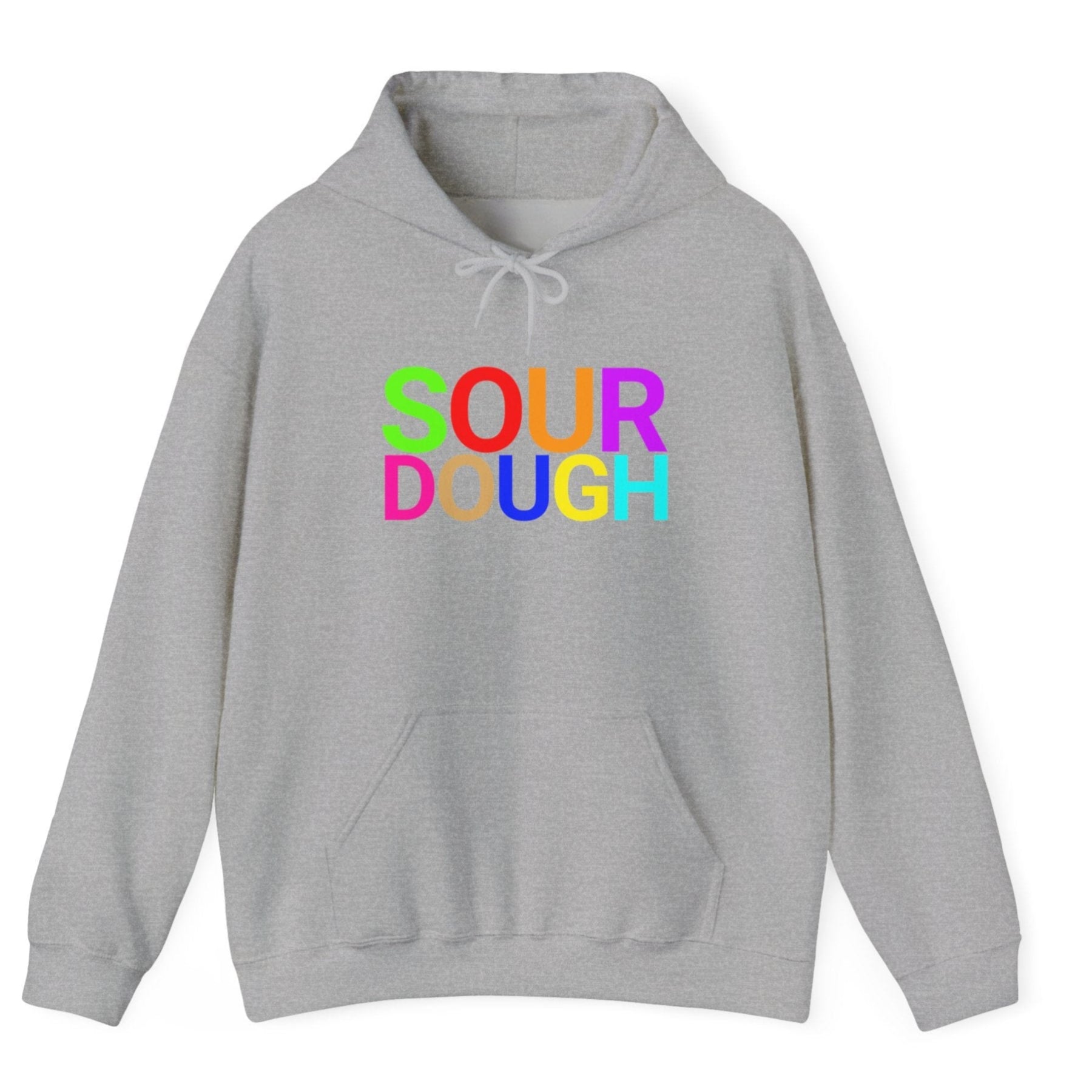 Grey hoodie with the word 'SOURDOUGH'' in bold colourful typography. Great gift for fermenters and sourdough bakers.