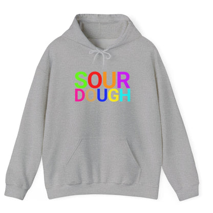 Grey hoodie with the word 'SOURDOUGH'' in bold colourful typography. Great gift for fermenters and sourdough bakers.