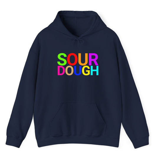 Navy hoodie with the word 'SOURDOUGH'' in bold colourful typography. Great gift for fermenters and sourdough bakers.