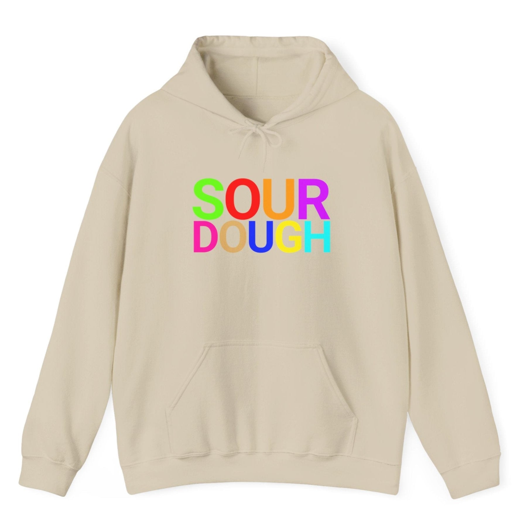 Sand coloured hoodie with the word 'SOURDOUGH'' in bold colourful typography. Great gift for fermenters and sourdough bakers.