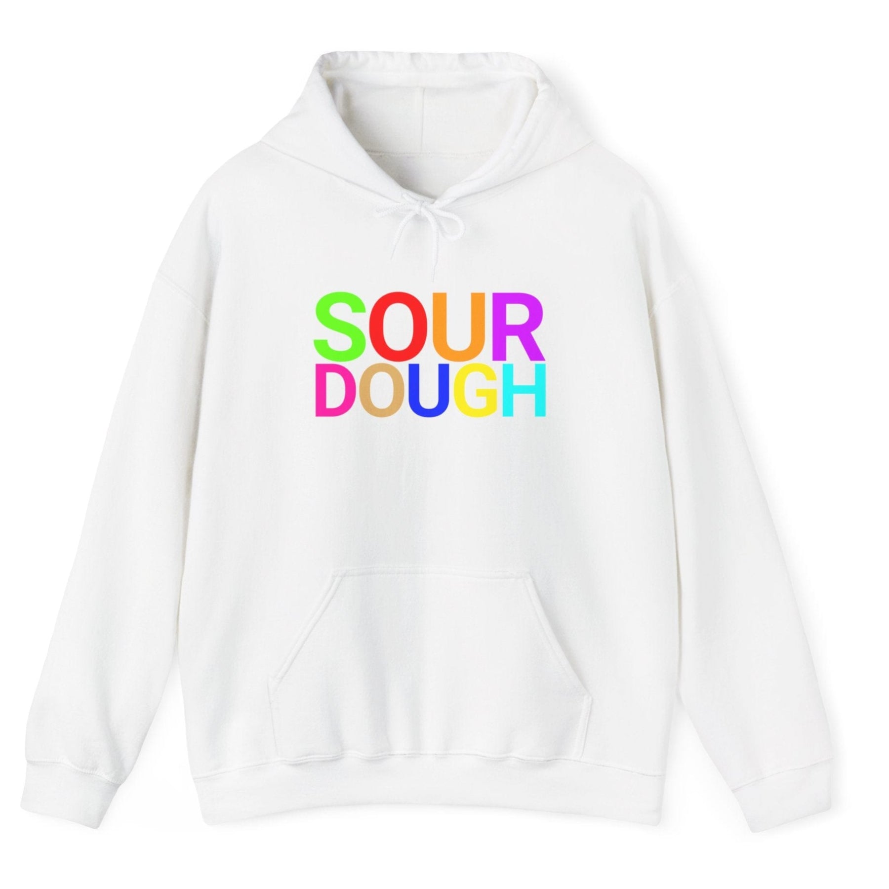 White hoodie with the word 'SOURDOUGH'' in bold colourful typography. Great gift for fermenters and sourdough bakers.