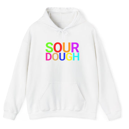 White hoodie with the word 'SOURDOUGH'' in bold colourful typography. Great gift for fermenters and sourdough bakers.