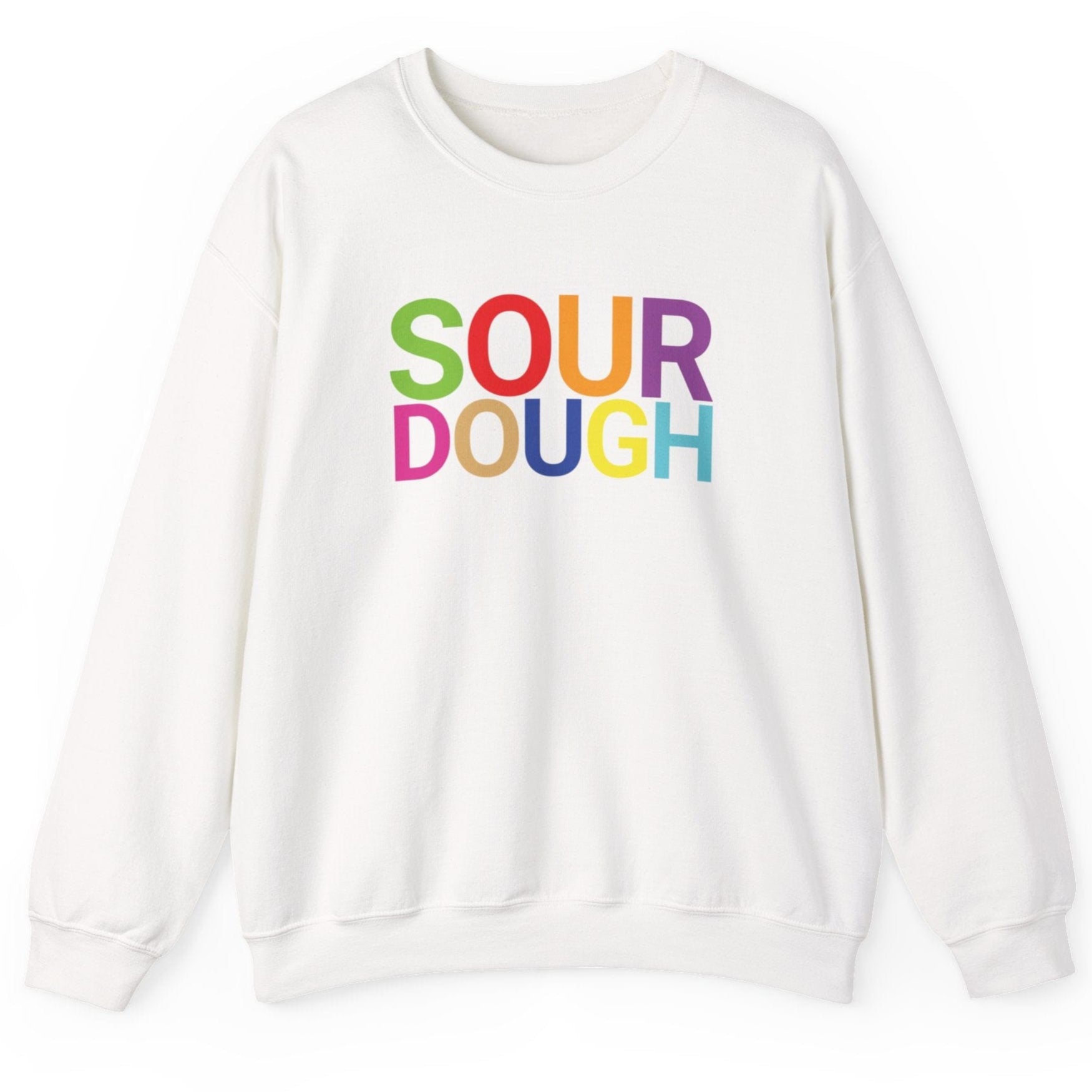 White sweatshirt with the word 'SOURDOUGH'' in bold colourful typography. Great gift for fermenters and sourdough bakers.