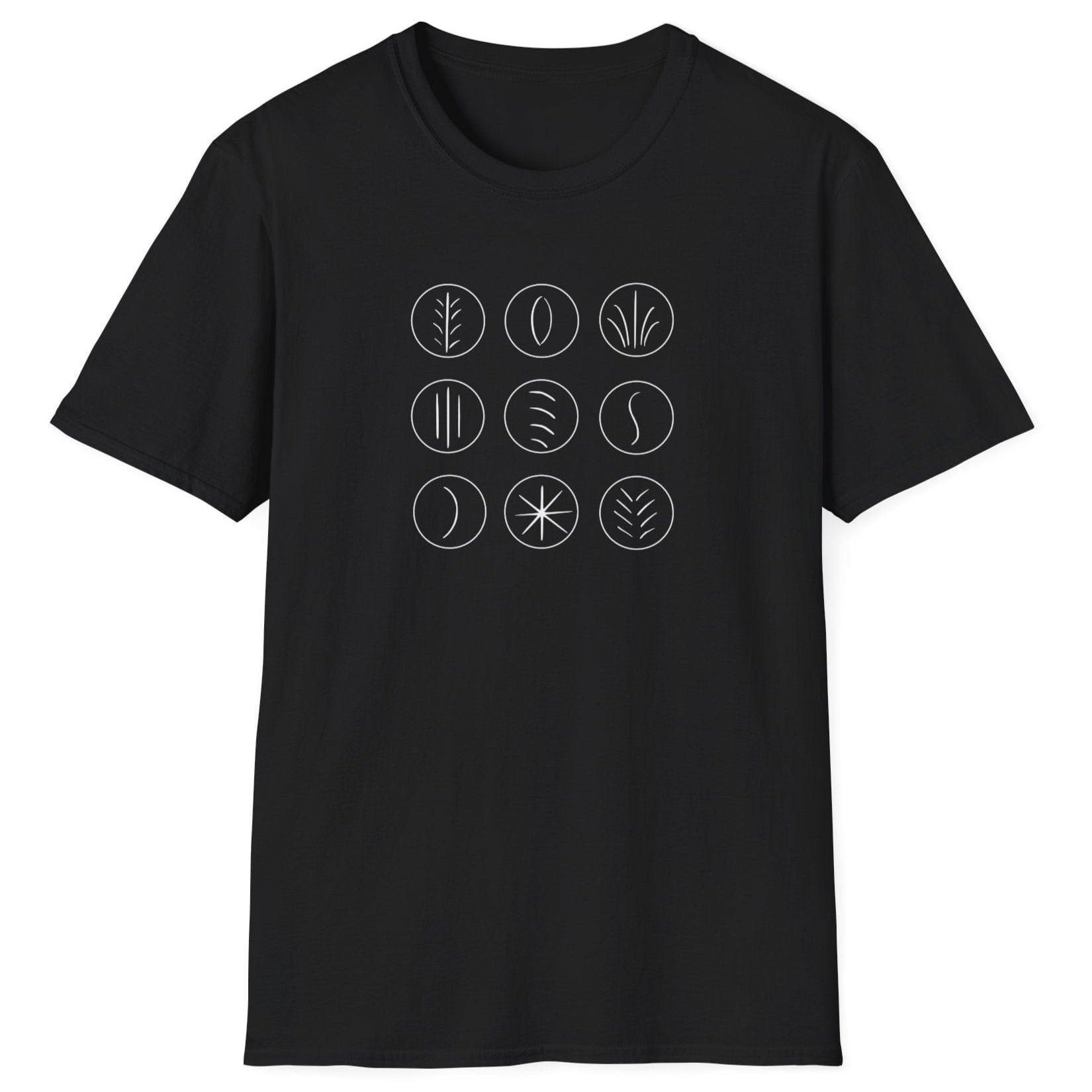 Minimalist grid of sourdough scoring marks on a black unisex T-shirt — abstract design inspired by sourdough crust patterns