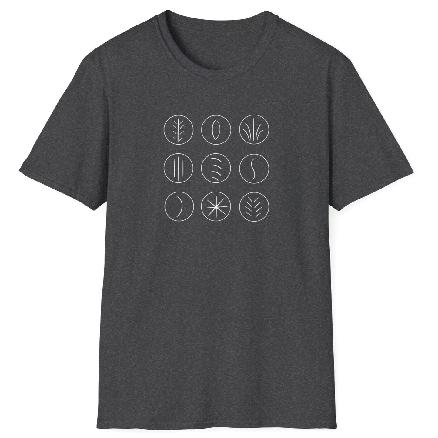 Minimalist grid of sourdough scoring marks on a dark grey unisex T-shirt — abstract design inspired by sourdough crust patterns