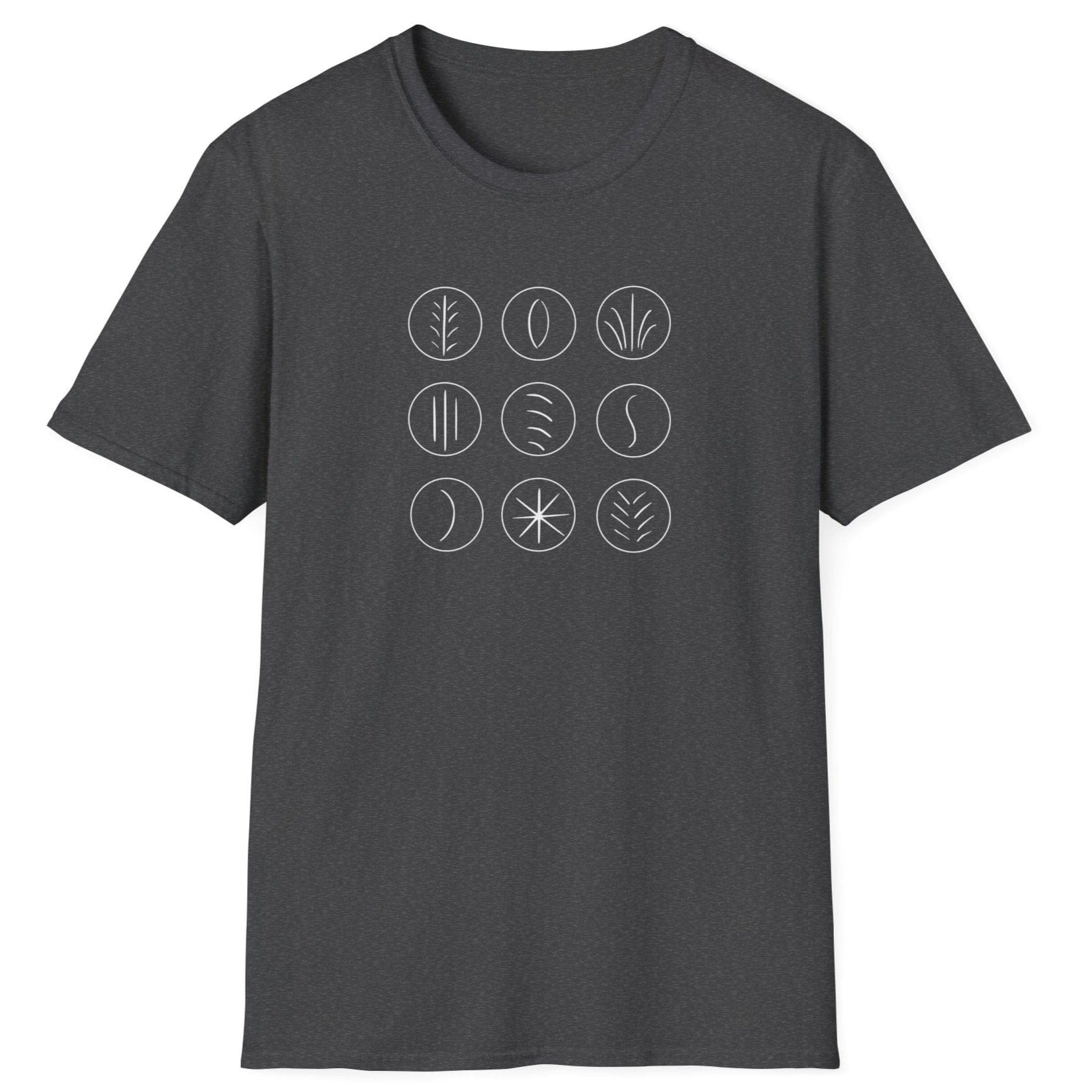 Minimalist grid of sourdough scoring marks on a dark grey unisex T-shirt — abstract design inspired by sourdough crust patterns