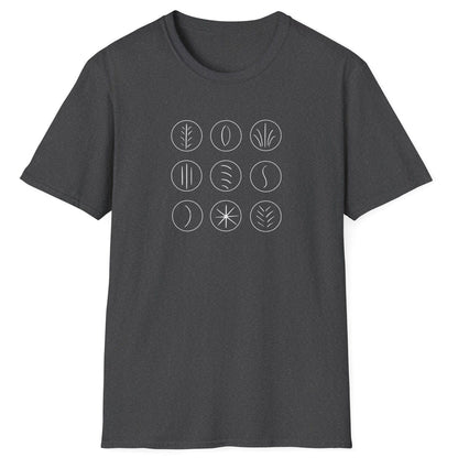 Minimalist grid of sourdough scoring marks on a dark grey unisex T-shirt — abstract design inspired by sourdough crust patterns