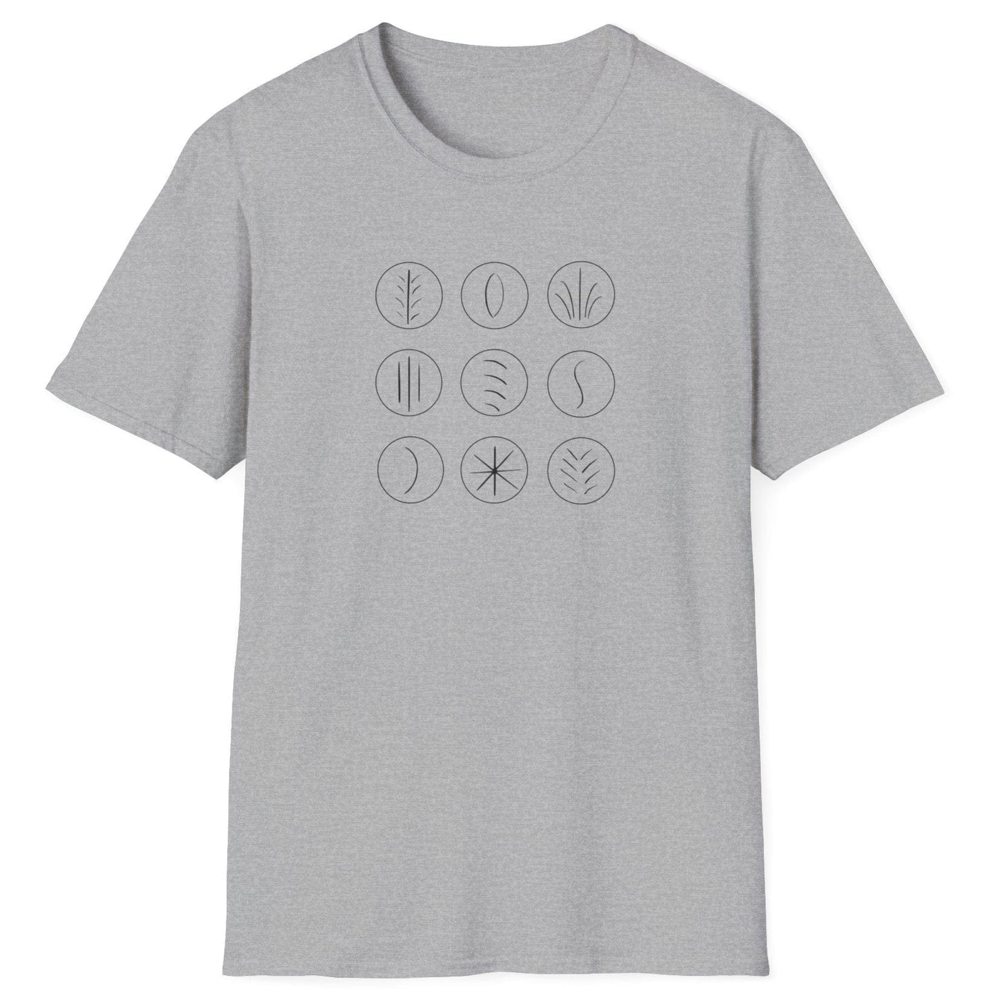 Minimalist grid of sourdough scoring marks on a grey unisex T-shirt — abstract design inspired by sourdough crust patterns