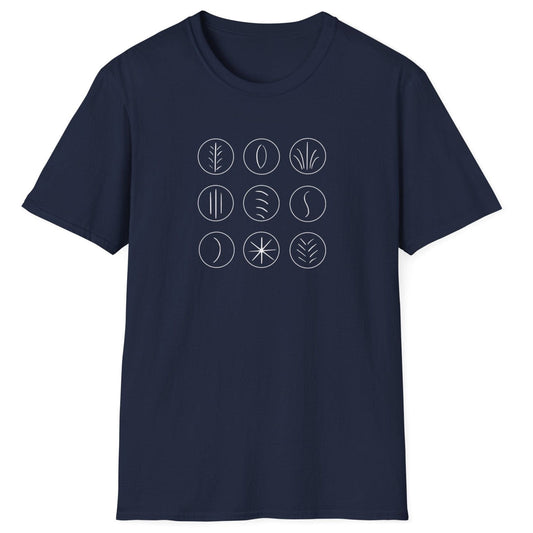 Minimalist grid of sourdough scoring marks on a navy unisex T-shirt — abstract design inspired by sourdough crust patterns