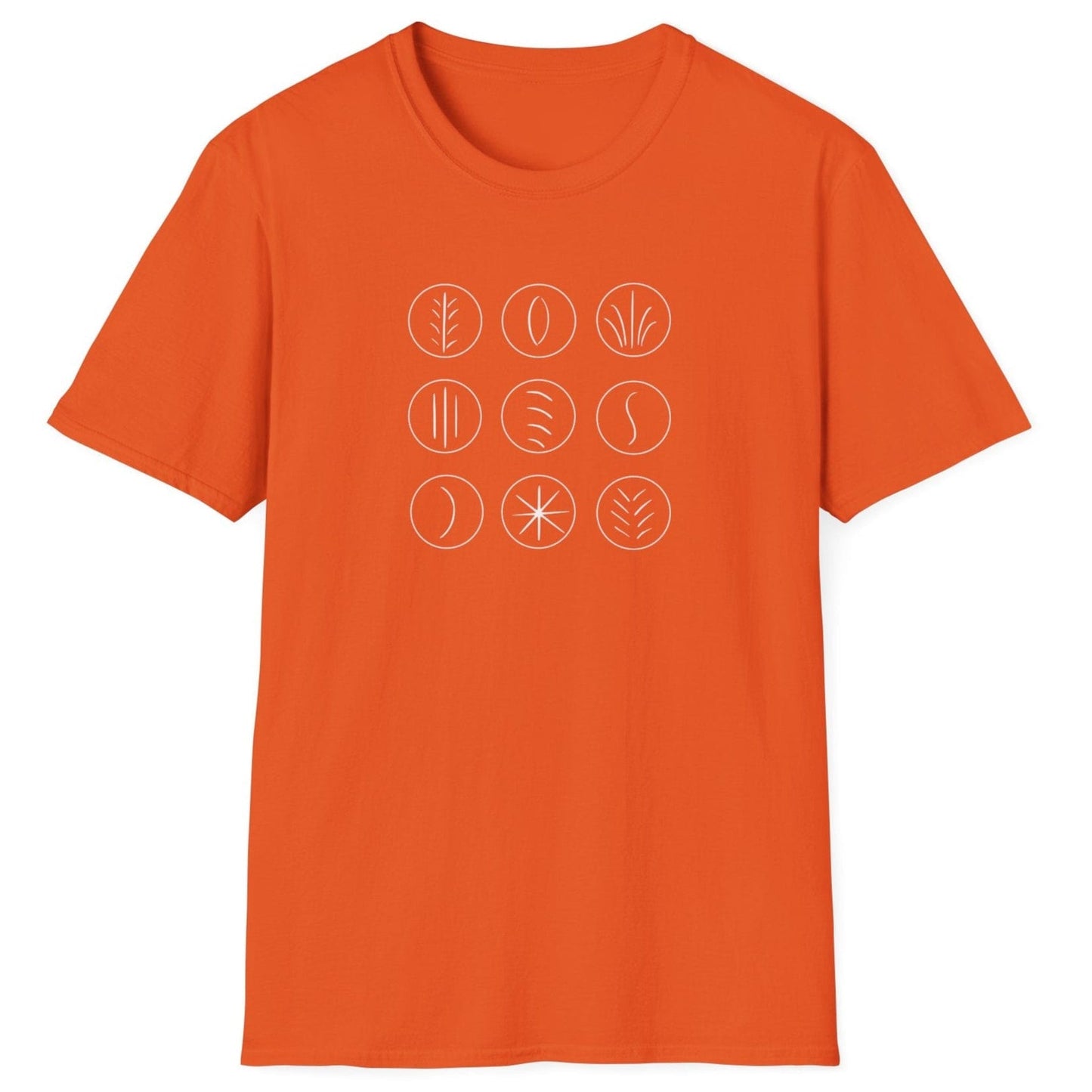 Minimalist grid of sourdough scoring marks on an orange unisex T-shirt — abstract design inspired by sourdough crust patterns