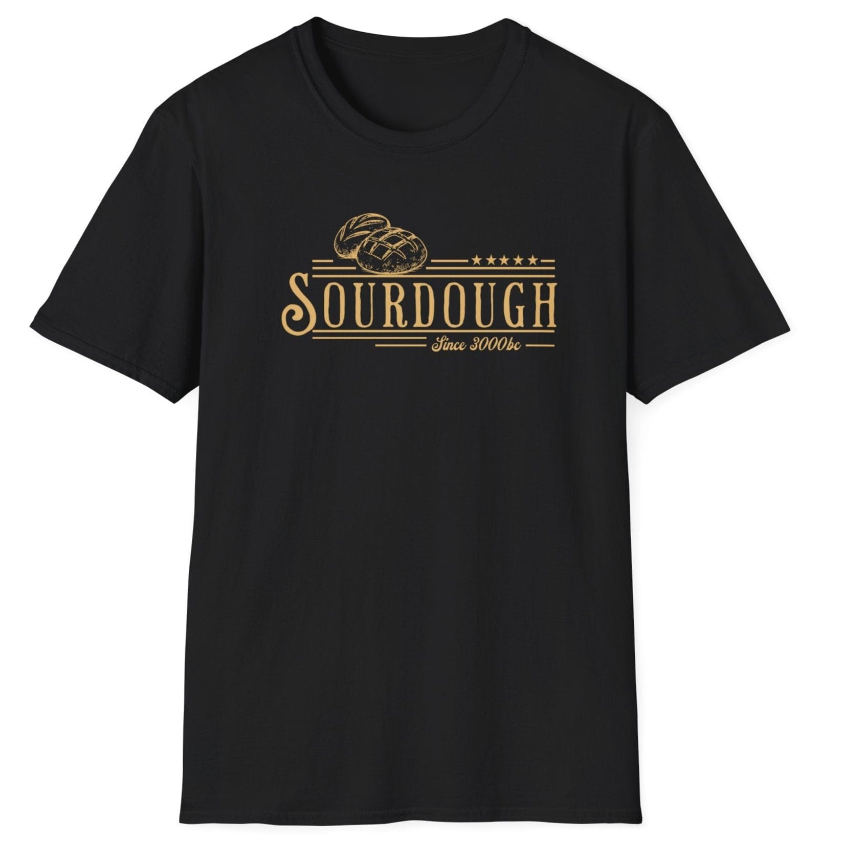 Vintage-style sourdough T-shirt in black featuring hand-drawn loaves and the phrase “Sourdough Since 3000 BC” — a heritage-inspired design for bread lovers and fermentation fans.