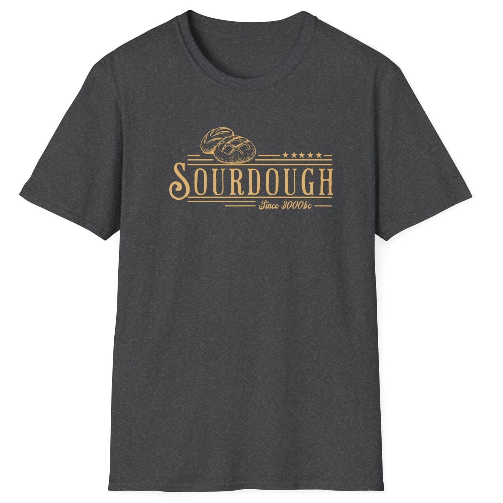 Vintage-style sourdough T-shirt in dark grey featuring hand-drawn loaves and the phrase “Sourdough Since 3000 BC” — a heritage-inspired design for bread lovers and fermentation fans